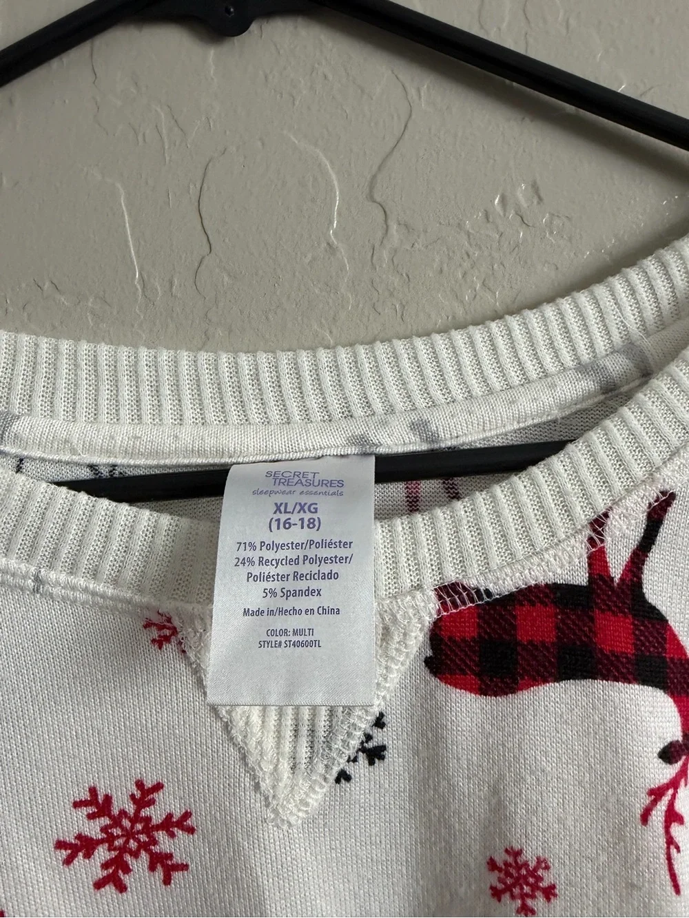 Secret Treasures White Pajama Top with Red, Black, and Gray Reindeer Print